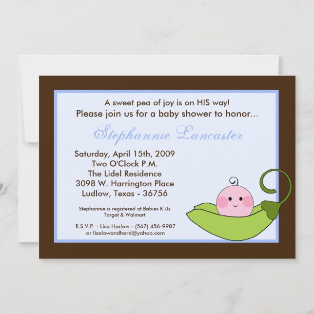 5 x 7 Blue Sweet Pea in Pod Baby Shower Invitación (Anverso)