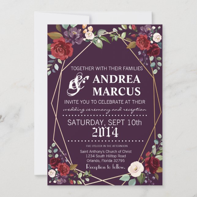 5 x 7 Boda Invitación Plum Rosas púrpura Geom de o (Anverso)