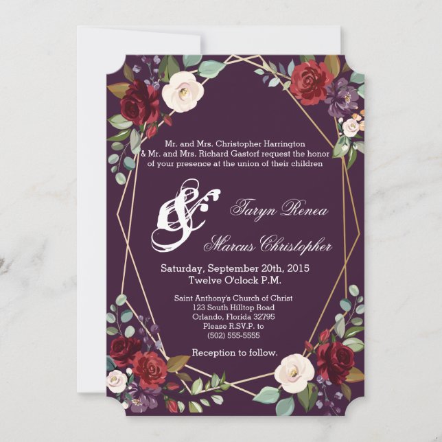5 x 7 Boda Invitación Plum Rosas púrpura Geom de o (Anverso)