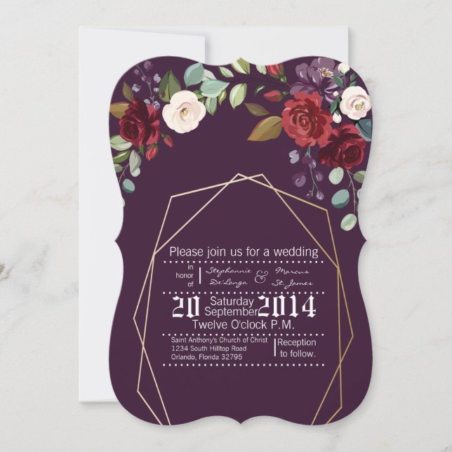 5 x 7 Boda Invitación Plum Rosas púrpura Geom de o (Anverso)
