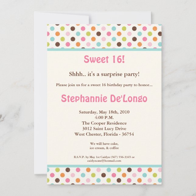 5 x 7 Bubblegum PolkaDot Sweet16 Invitación de cum (Anverso)