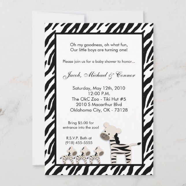 5 x 7 Cebra TRIPLETS Invitación a fiesta de cumple (Anverso)