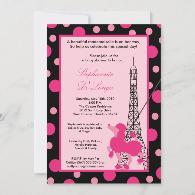 5 x 7 Chica Pink Poodle Paris Invitación Baby Show (Anverso)