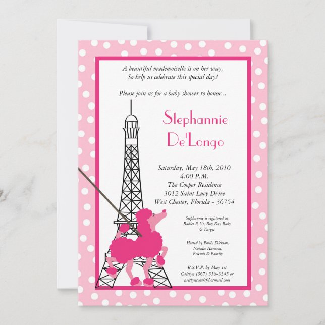 5 x 7 Chica Pink Poodle Paris Invitación Baby Show (Anverso)