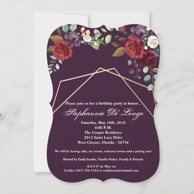 5 x 7 cumpleaños Invitación Plum Rosas púrpura Geo (Anverso)