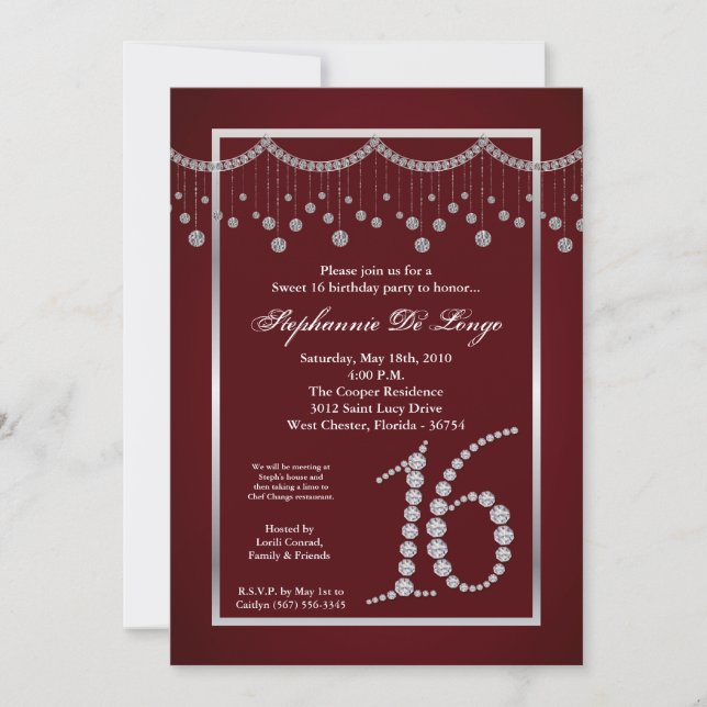 5 x 7 Dulce de Diamante Rojo 16 Invitación de cump (Anverso)