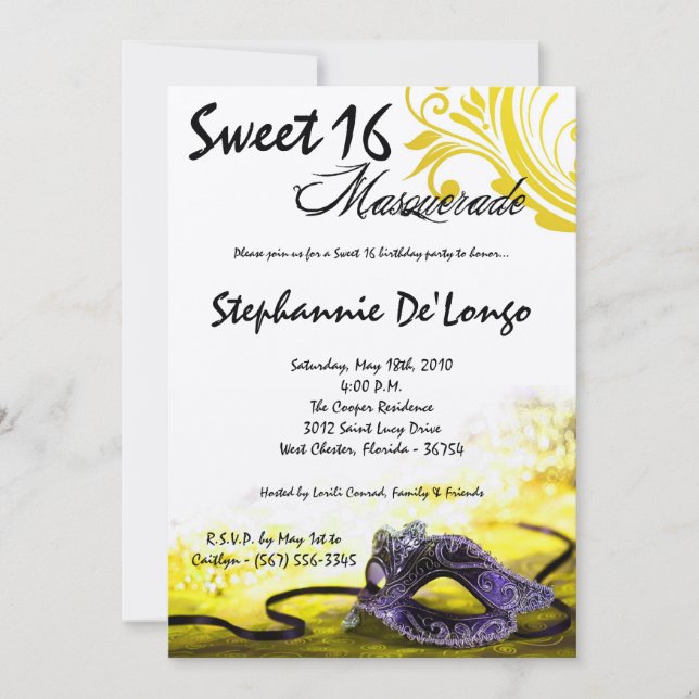 5 x 7 Dulce de Mascarada Amarilla 16 Invitación de (Anverso)