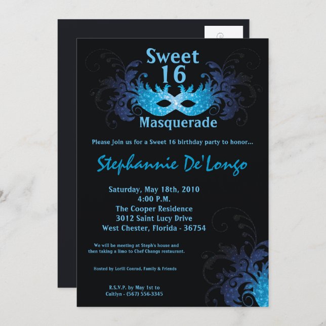 5 x 7 Dulce de Mascarada Azul Invitación de cumple (Anverso / Reverso)
