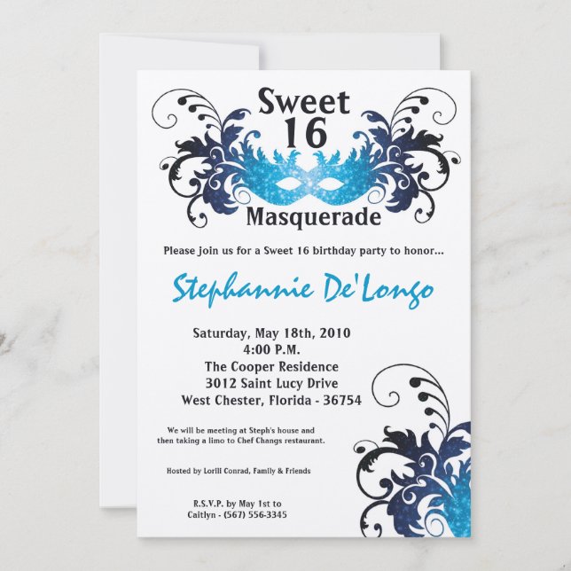 5 x 7 Dulce de Mascarada Azul Invitación de cumple (Anverso)