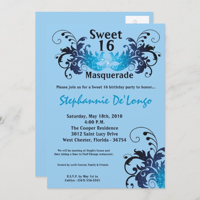 5 x 7 Dulce de Mascarada Azul Invitación de cumple (Anverso / Reverso)