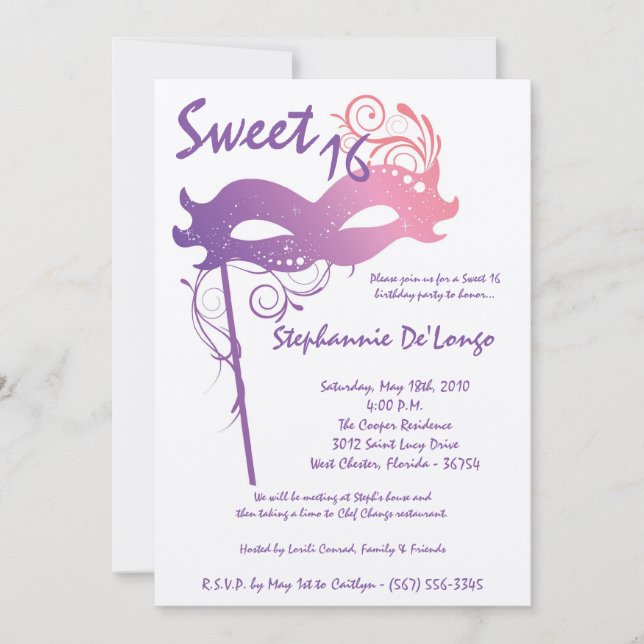 5 x 7 Dulce de Mascarada Púrpura 16 Invitación de  (Anverso)