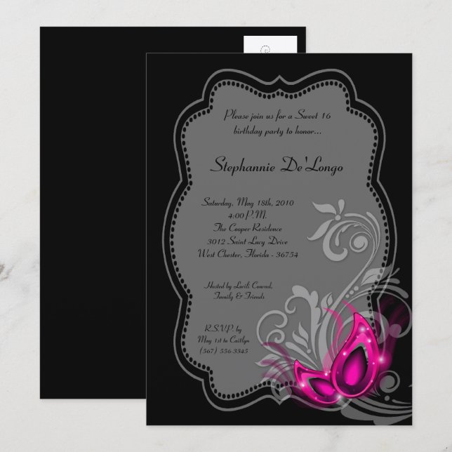 5 x 7 Dulce de Mascarada Rosa 16 Invitación de cum (Anverso / Reverso)