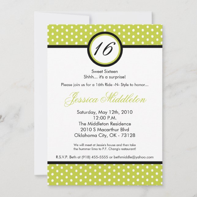 5 x 7 Green White Polka Dot Invitación a los 16 cu (Anverso)