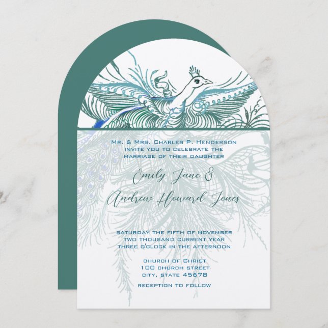 5 x 7 Invitación a la boda de aves de pavo real (Anverso / Reverso)