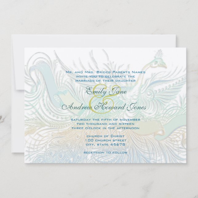 5 x 7 Invitación a la boda de aves de pavo real (Anverso)