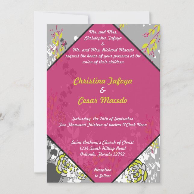 5 x 7 Invitación a la boda Flor verde/rosa calient (Anverso)