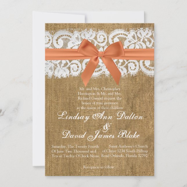 5 x 7 Invitación a la boda Naranja Burlap Lace (Anverso)