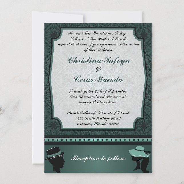 5 x 7 Invitación a matrimonio Damasco Pareja Verde (Anverso)