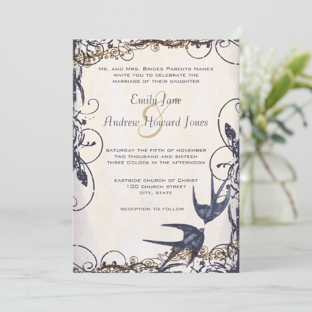 5 x 7 Invitaciones de Boda de pájaros de amor vint (Anverso de pie)