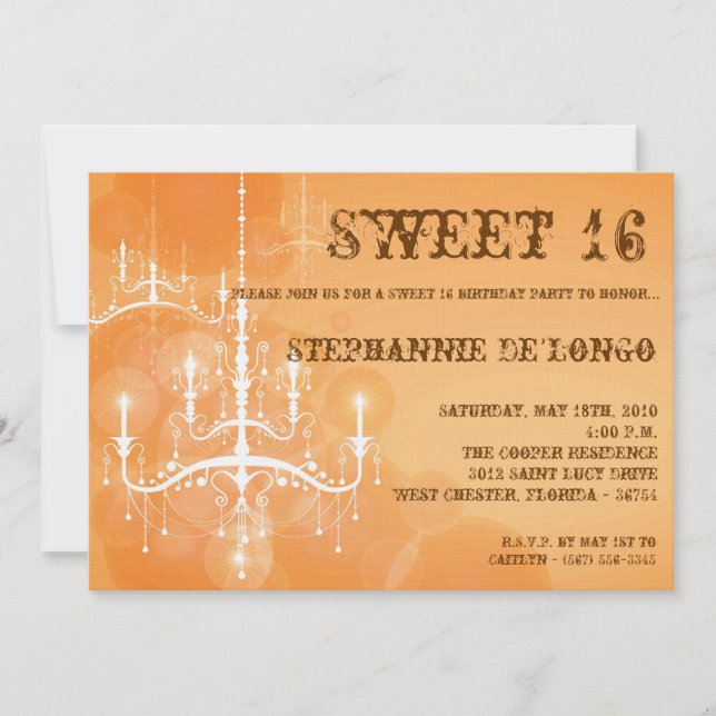 5 x 7 Naranja Chandelier Sweet 16 Invitación de cu (Anverso)