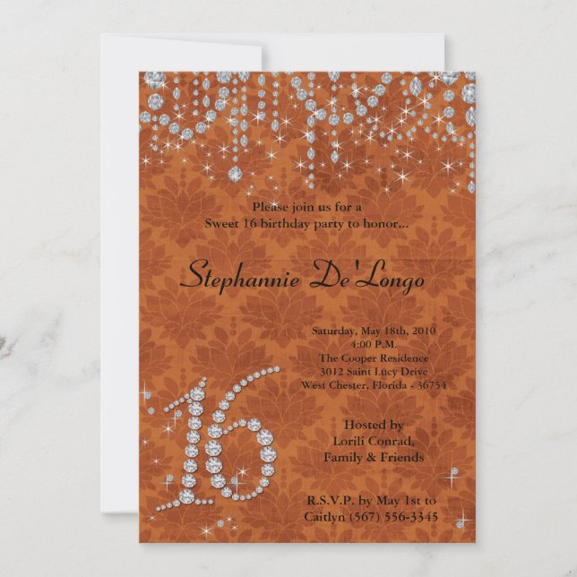 5 x 7 Naranja Diamond Sweet 16 Invitación de cumpl (Anverso)