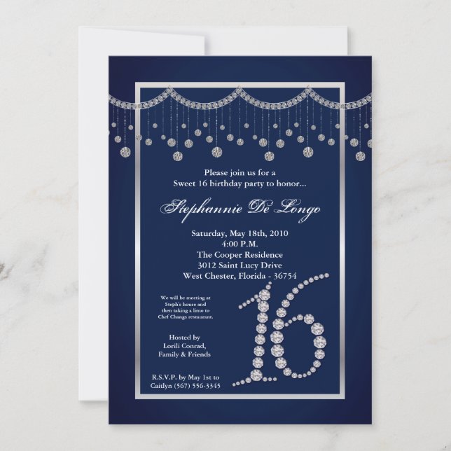 5 x 7 Navy Blue Diamond Sweet 16 Invitación de cum (Anverso)
