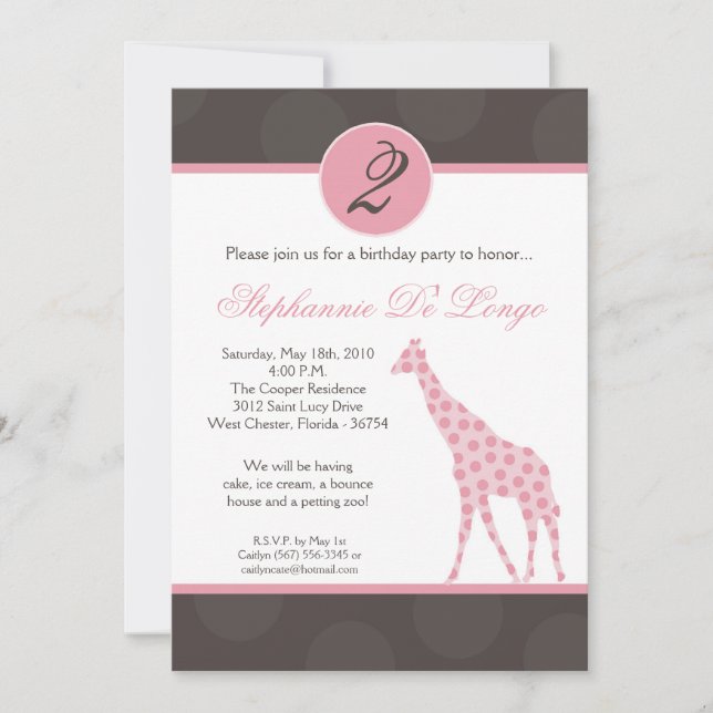 5 x 7 Pink Polka Dot Giraffe Invitación al parto (Anverso)