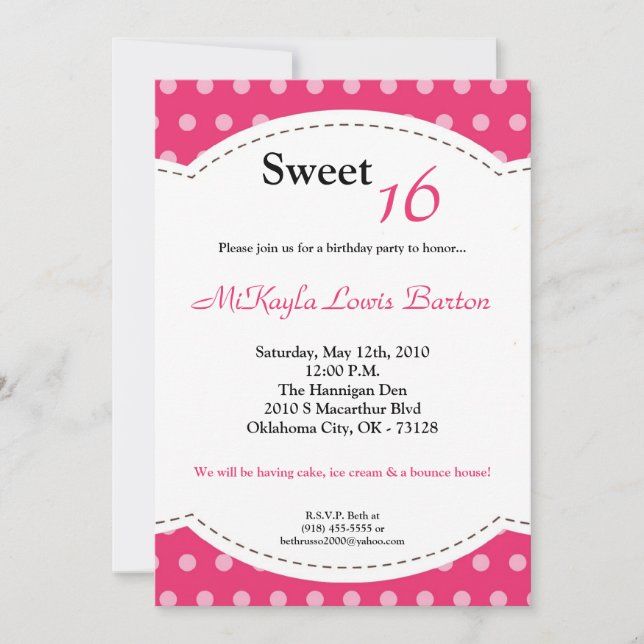 5 x 7 Polkadot rosa dulce 16 cumpleaños invitación (Anverso)