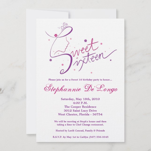 5 x 7 Princesa Chica Dulce 16 Invitación de cumple (Anverso)