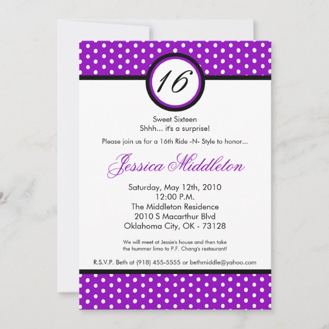 5 x 7 Purpl White Polka Dot Invitación a los 16 cu (Anverso)