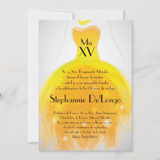 5 x 7 Vestido amarillo Quinceanera Invitación de c (Anverso)