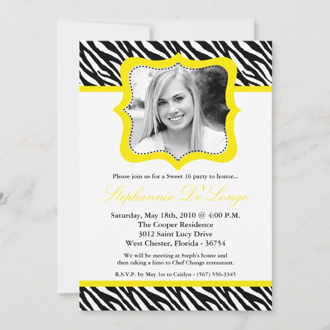 5 x 7 Yello Zebra FOTO Dulce 16 Invitación de cump (Anverso)