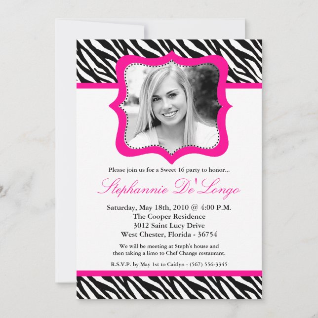 5 x 7 Zebra rosa caliente 16 Invitación de cumplea (Anverso)