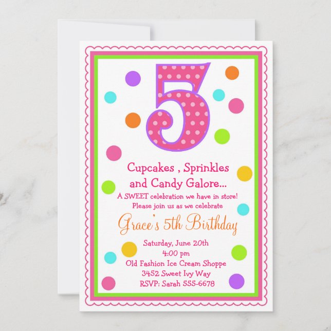 5ta invitación del cumpleaños de la sorpresa dulce (Anverso)