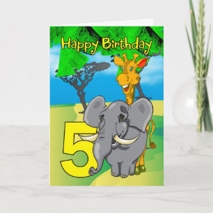 5to Tarjeta de cumpleaños - elefante, jirafa,