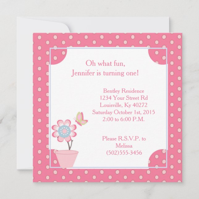 5x5 Flor de mariposa 1er cumpleaños Invitación (Anverso)