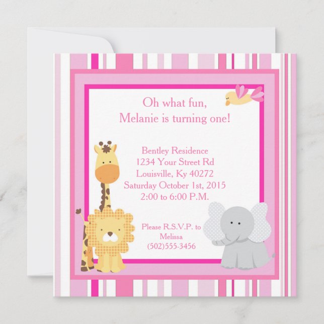 5x5 Jungla rosa Primera Invitación de Cumpleaños (Anverso)
