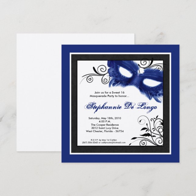 5x5 Máscara Azul Mascarada 16 Invitación de cumple (Anverso / Reverso)