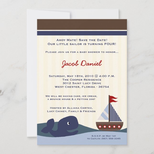 5x7 Ahoy Mate Sailboat Whal Invitación de cumpleañ (Anverso)