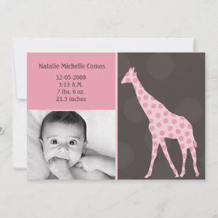 5x7 Bebé Chica Rosa Giraffe Foto Anuncio de nacimi