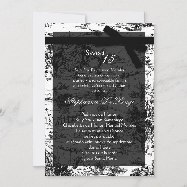 5x7 Black ToileFabric Quinceanera Party Invitación (Anverso)