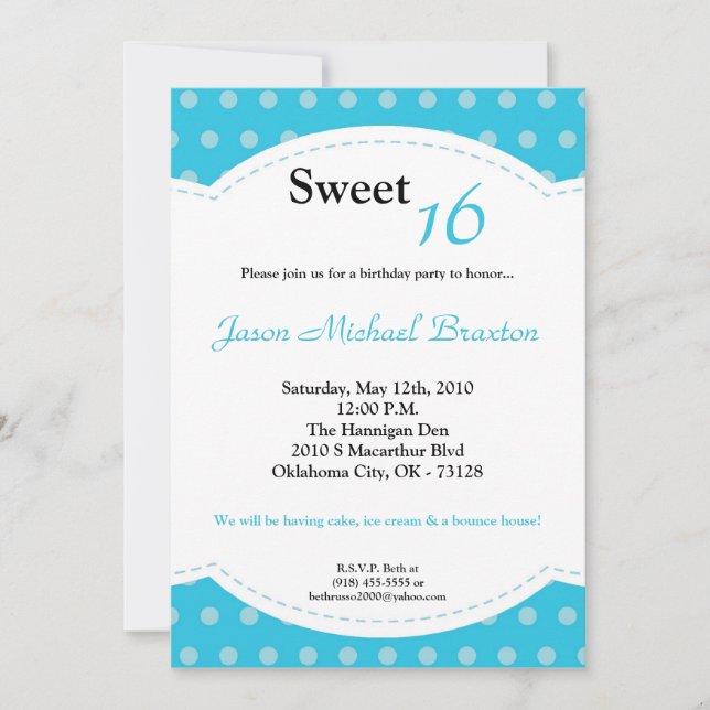 5x7 Blue Polkadot Sweet 16 Invitación de cumpleaño (Anverso)