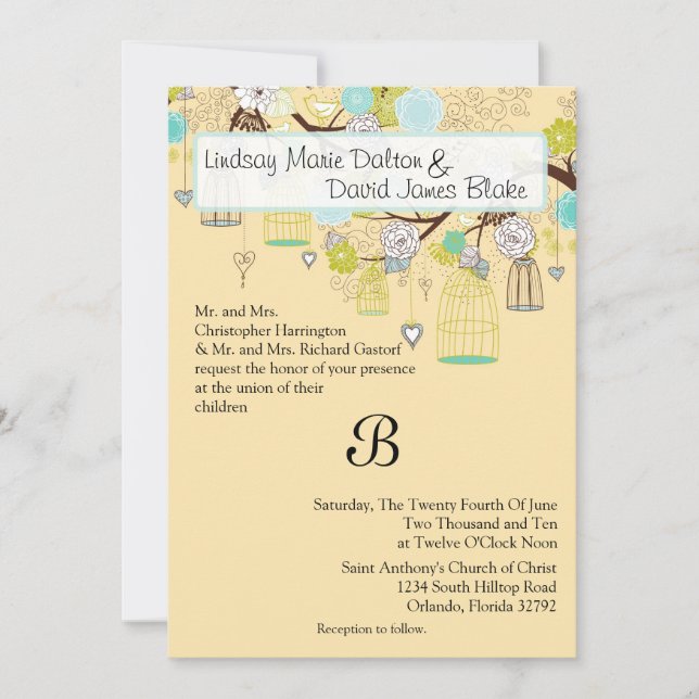 5x7 Boda Invitación Floral jaula para aves (Anverso)