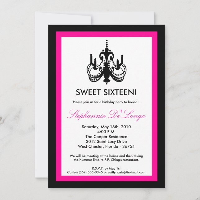 5x7 Candelier Hot Pink 16 Birthday Invitación (Anverso)