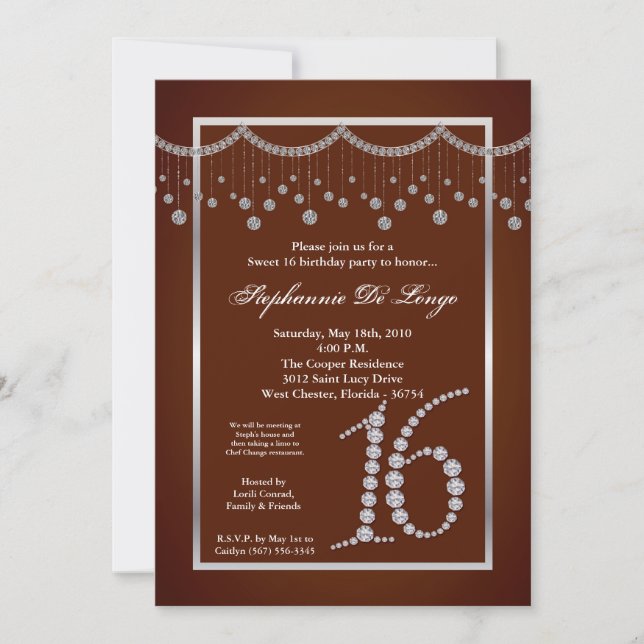 5x7 Diamante Marrón Dulce 16 Invitación de cumplea (Anverso)