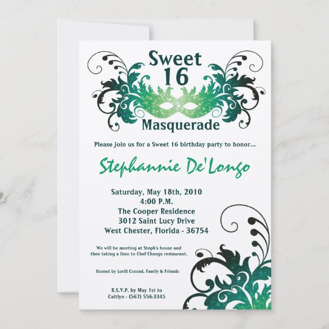 5x7 Dulce de Mascarada Verde Invitación de cumplea (Anverso)