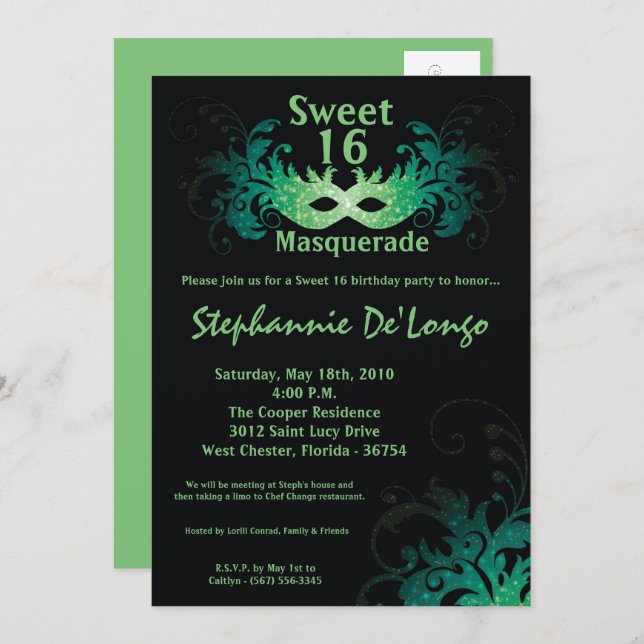 5x7 Dulce de Mascarada Verde Invitación de cumplea (Anverso / Reverso)