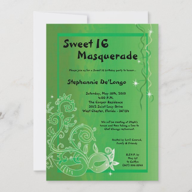 5x7 Dulce de Mascarada Verde Invitación de cumplea (Anverso)