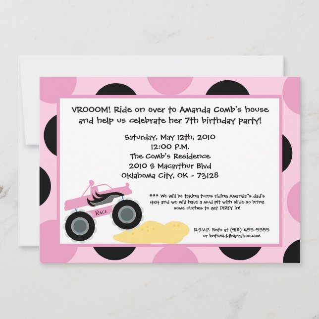 5x7 Girly 4x4 Truck cumpleaños invitación a fiesta (Anverso)