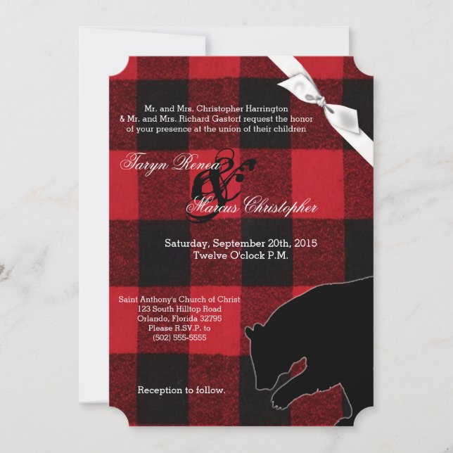 5x7 Invitación a bodas Oso de Buffalo Rojo (Anverso)